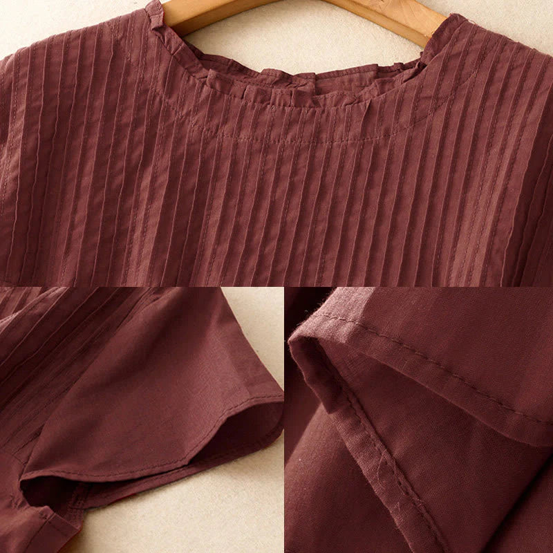 Buddha Stones Summer Pure Color Ruffled Pleated Design Women's Cotton Short Sleeve Shirt