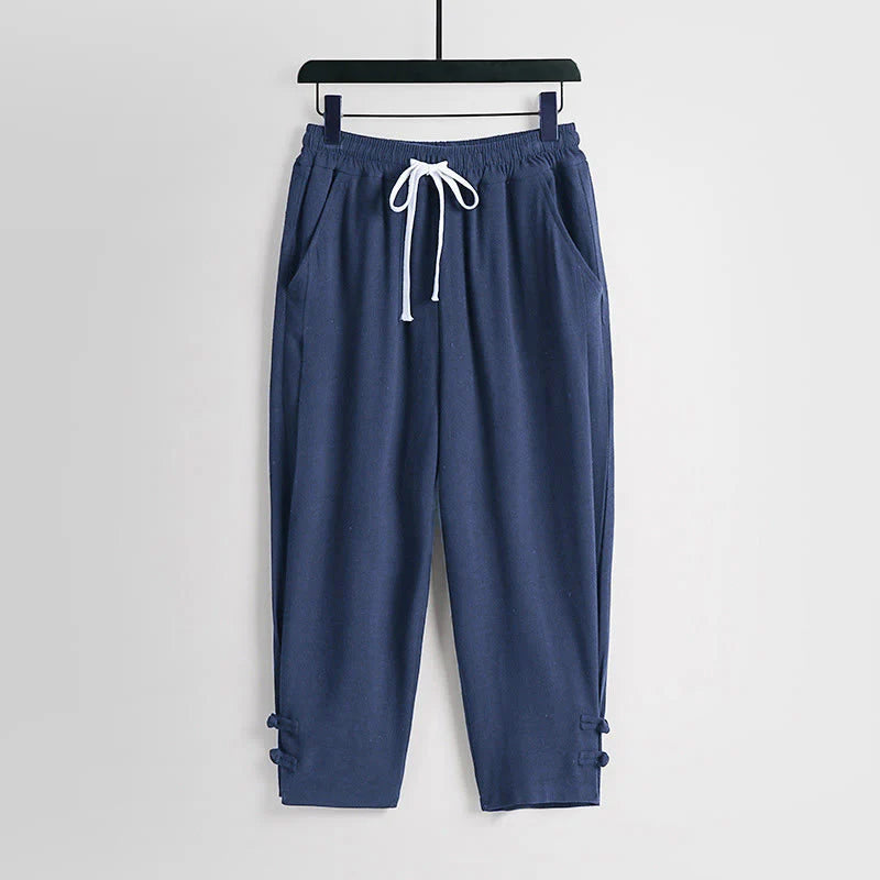 Buddha Stones Summer Drawstring Elastic Waist Frog-Button Ankle-Length Men's Cotton Linen Pants With Pockets