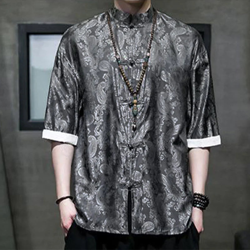 Buddha Stones Summer Cashew Flowers Pattern Men's Frog-Button Half Sleeve Shirts