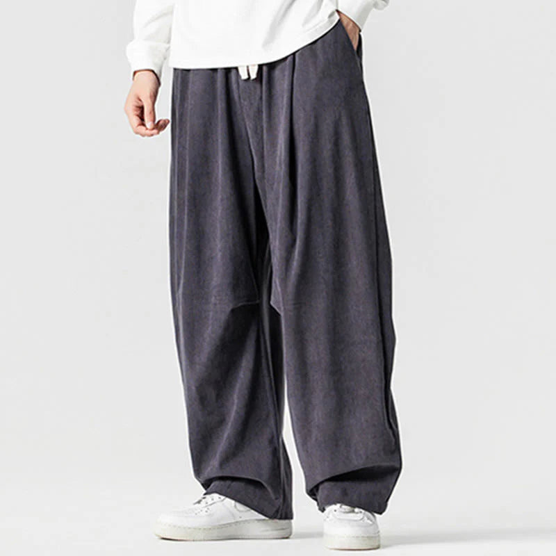 Buddha Stones Winter Drawstring Corduroy Cotton Men's Wide Leg Pants With Pockets