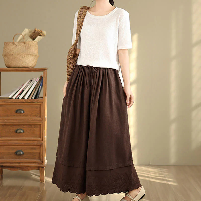 Buddha Stones Spring Embroidery Lace Hem Patchwork Drawstring Design Women's Wide Leg Cotton Pants With Pockets