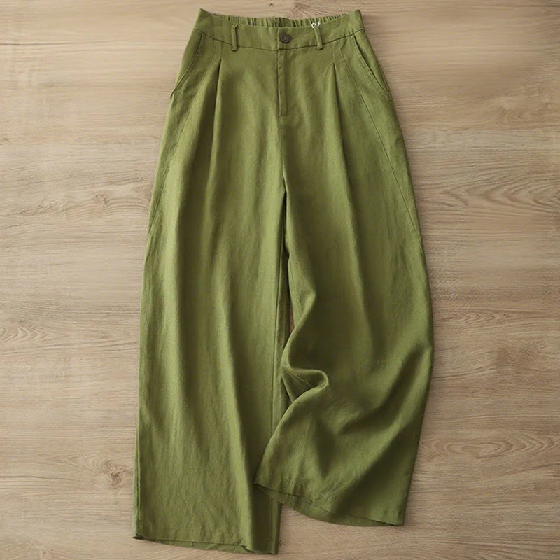 Buddha Stones Casual Retro Plain Women's Cotton Wide Leg Pants With Pockets Zipper