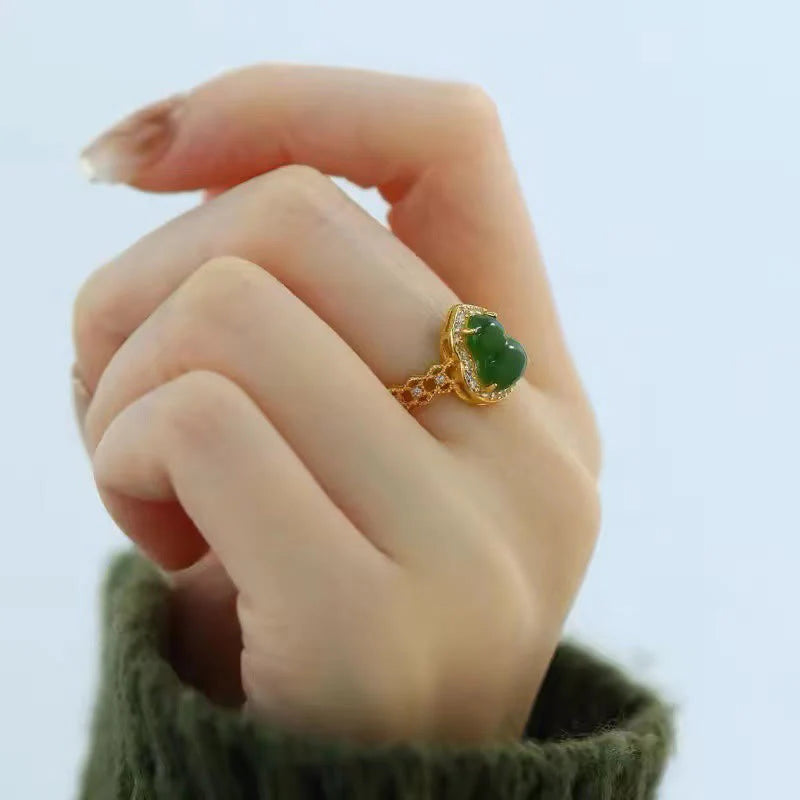 Buddha Stones Vintage Gourd Green Chalcedony Copper Plated Gold Adjustable Wealth Ring