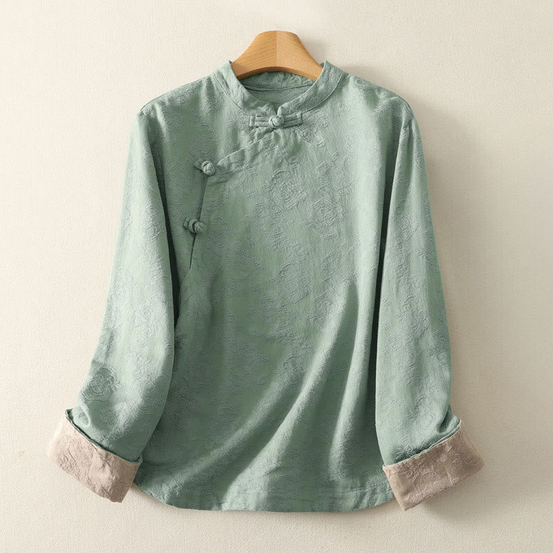 Buddha Stones Jacquard Diagonal Placket Long Sleeve Women's Cotton Linen Buttons Shirt