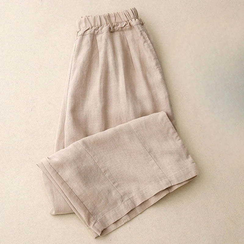 Buddha Stones Commute Vintage Solid Color Women's Wide Leg Cotton Pants With Pockets