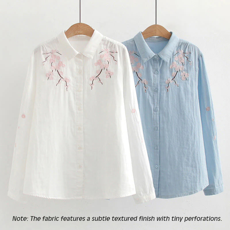 Buddha Stones Fall Pink Plum Blossoms Embroidery Buttons Women's Cotton Long Sleeve Shirt