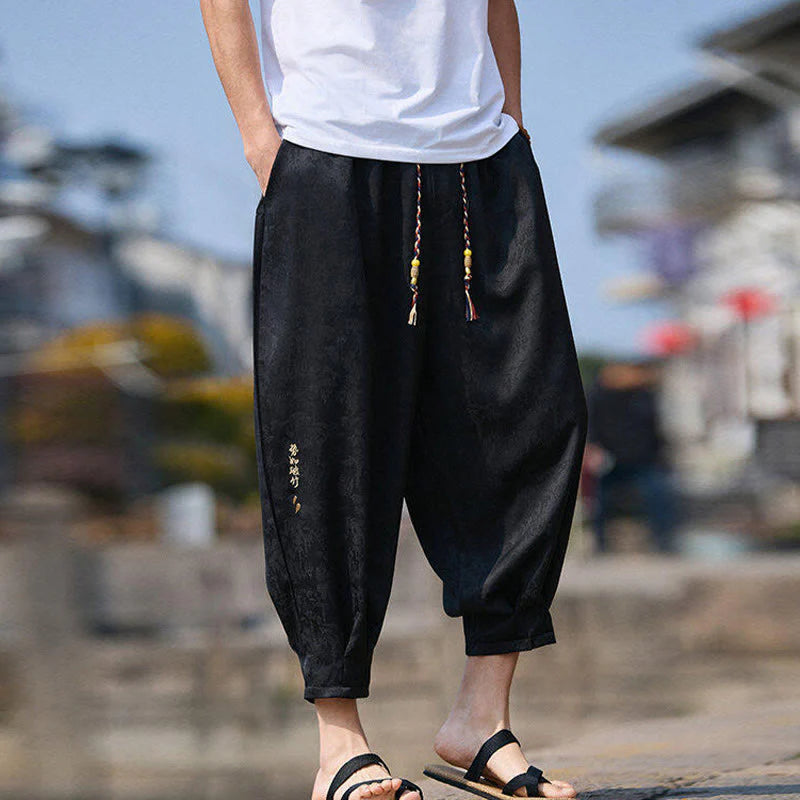 Buddha Stones Summer Character Embroidery Design Drawstring Men's 7-8 Length Pants With Pockets