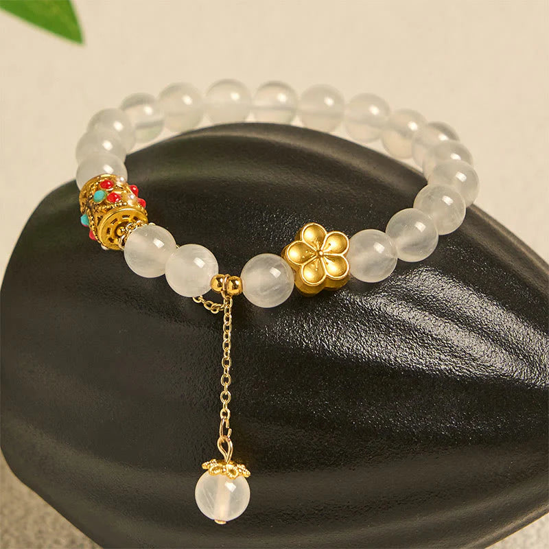 Buddha Stones Tibetan White Agate Crystal Stone Flowers Positivity Bracelet
