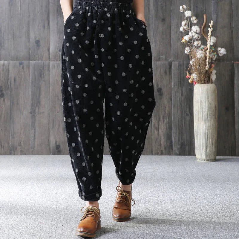 Buddha Stones Women's Fall Commute Printing Dot Pattern Corduroy Harem Pants With Pockets