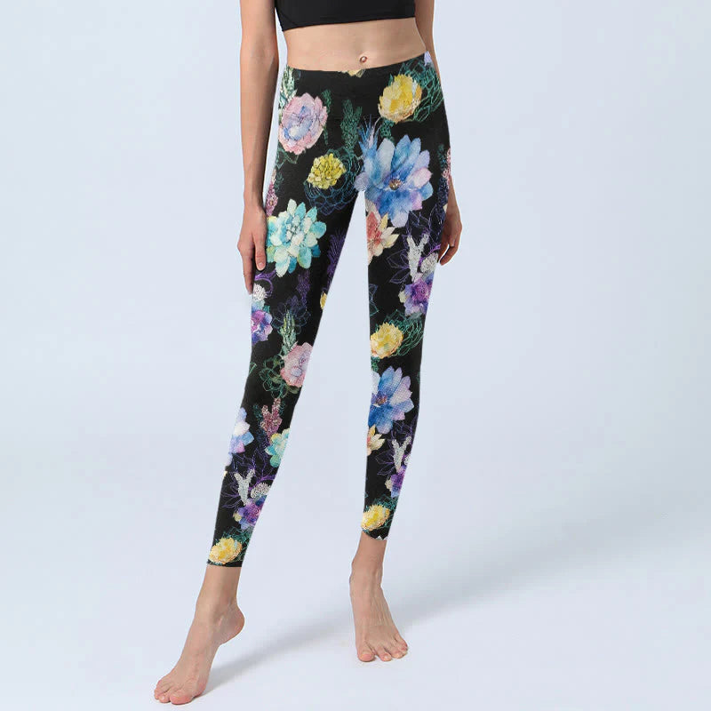 Buddha Stones Colorful Watercolor Style Flower Pattern Print Gym Leggings Women's Yoga Pants