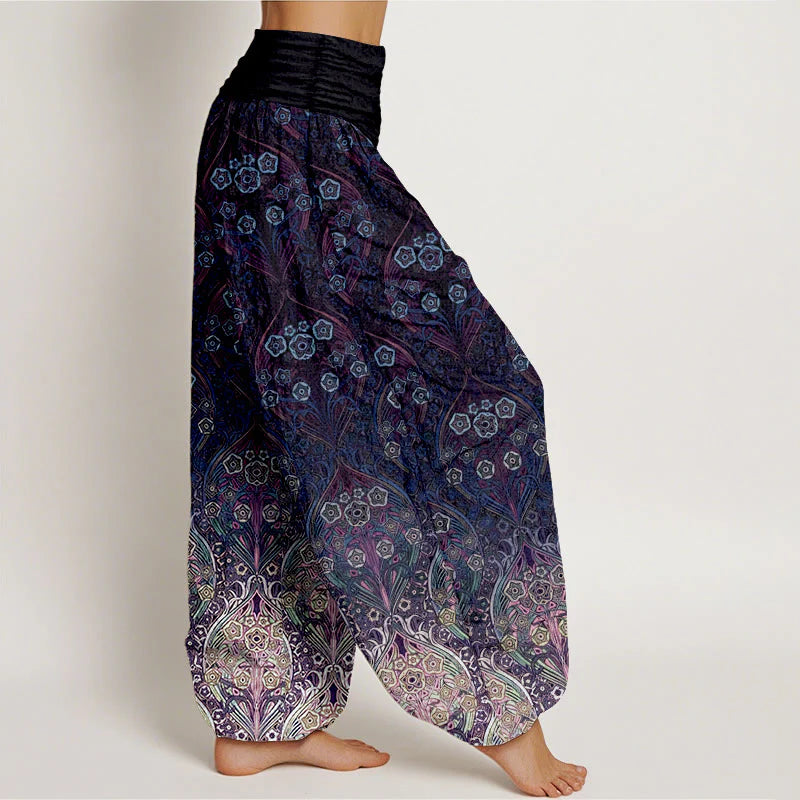 Buddha Stones Pure Cotton Retro Flower Pattern Women's Elastic Waist Harem Pants