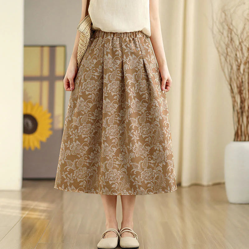 Buddha Stones Printing Flower Paisley Pattern A-line Elastic Waist Cotton Women's Skirt With Pockets