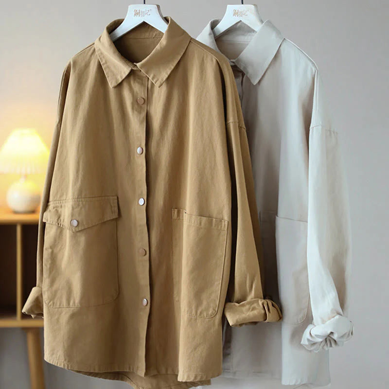 Buddha Stones Vintage Casual Pure Color Lapel Women's Cotton Jacket With Pockets