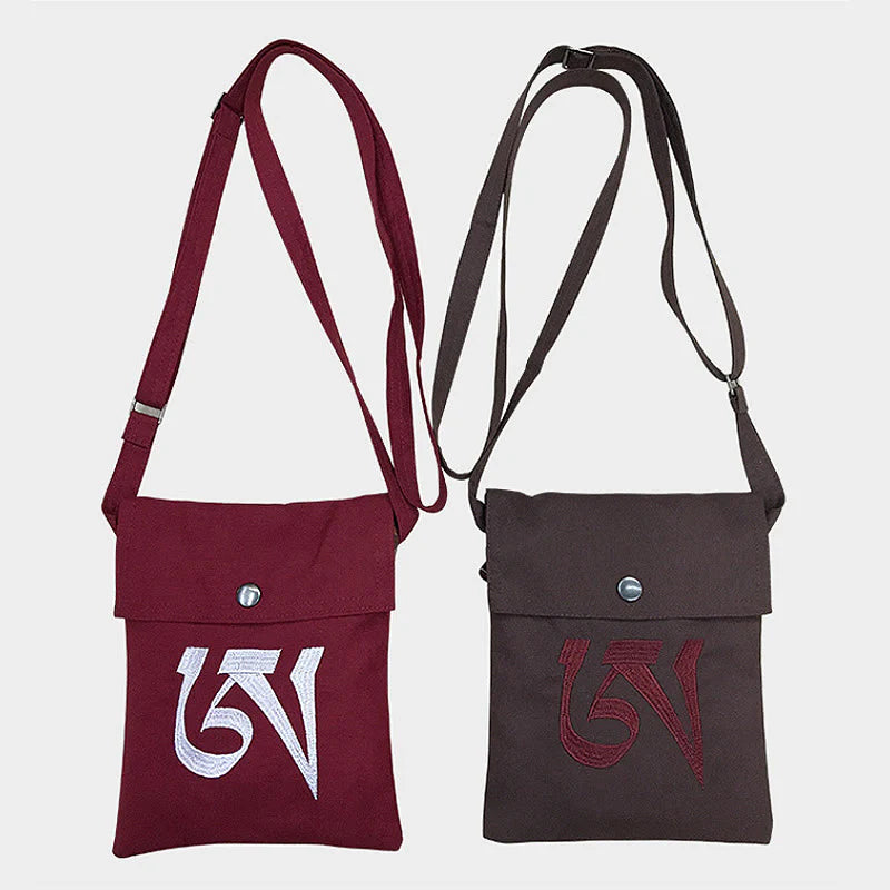 Buddha Stones Handmade OM Mantra Embroidered Spiritual Mind Practice Cotton Crossbody Bag Shoulder Bag Cellphone Bag