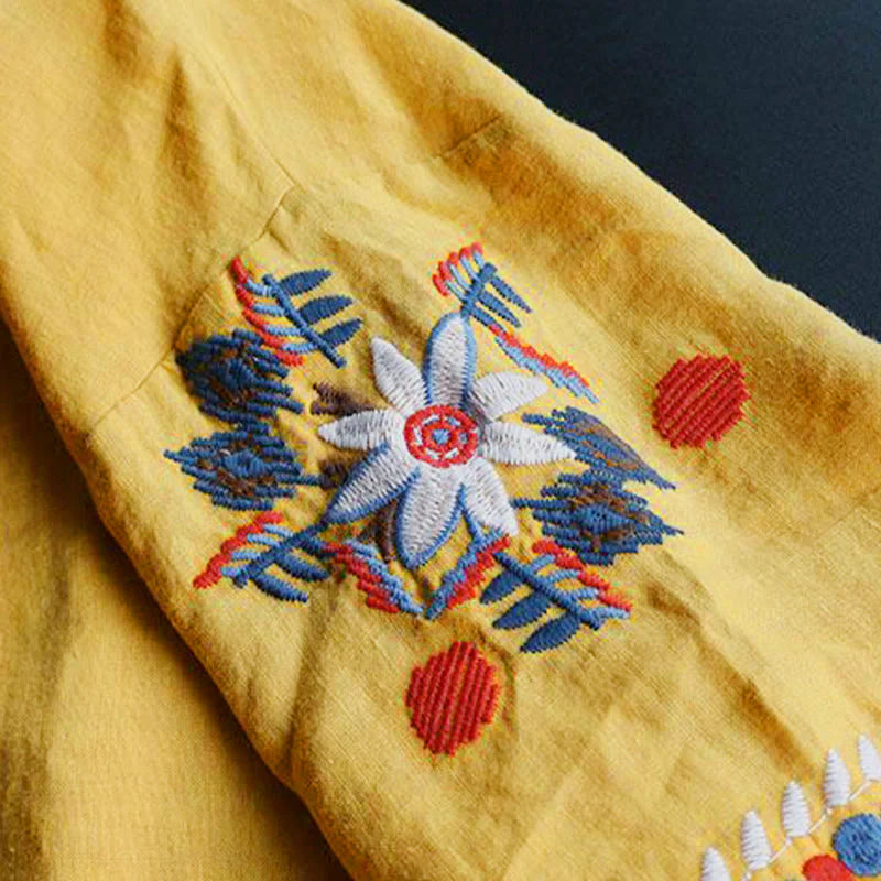 Buddha Stones Retro Artistic Embroidery Floral Pattern Crew Neck Women's Cotton Linen Short Sleeve T-Shirt