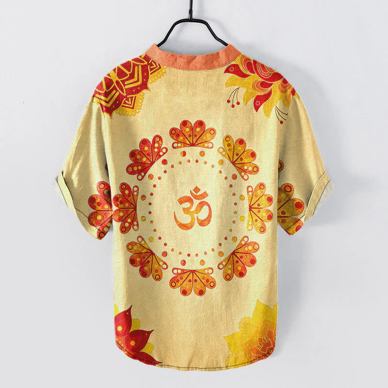 Buddha Stones Cotton Om Lotus Mandala Peacock Emblem Men's Short Sleeve Half Button Shirt