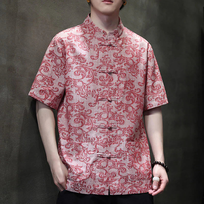 Buddha Stones Summer Floral Vine Pattern Tang Suit Men's Frog-Button Short Sleeve Shirt With Pockets