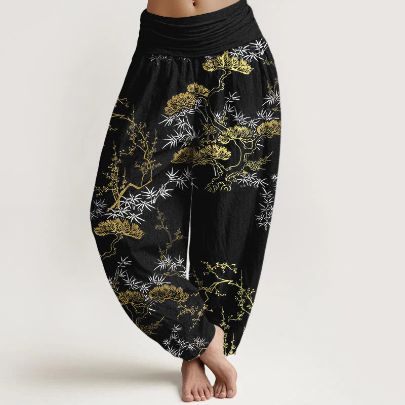 Buddha Stones Pure Cotton Pine Bamboo Plum Pattern Women's Elastic Waist Harem Pants