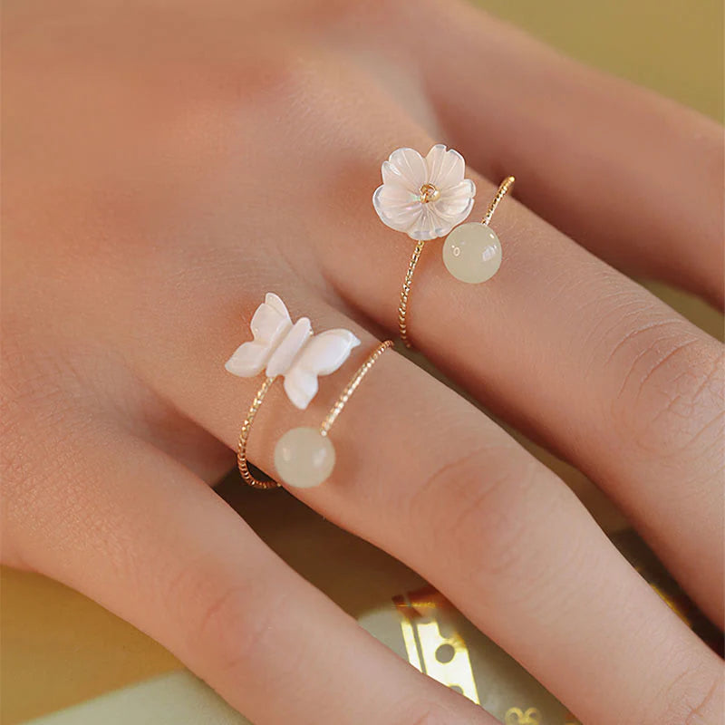 Buddha Stones 14k Gold Plated Round Hetian Jade Tridacna Stone Peach Blossom Flower Butterfly Prosperity Adjustable Ring (Extra 35% Off | USE CODE: FS35)