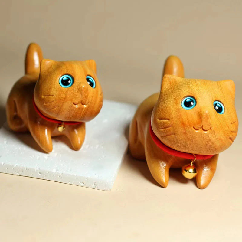 Buddha Stones Mini Sandalwood Carved Lucky Confident Cat Healing Decoration