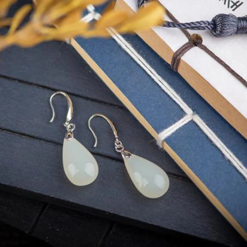Buddha Stones Hetian White Jade Water Drop Luck Blessing Dangle Earrings (Extra 30% Off | USE CODE: FS30)