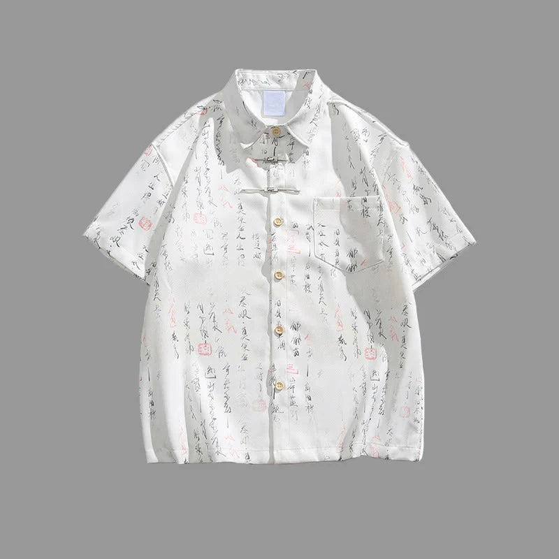 Buddha Stones Calligraphy Print Pattern Metal Bar Frog Closure Design Short Sleeve Men's Shirt With Pocket