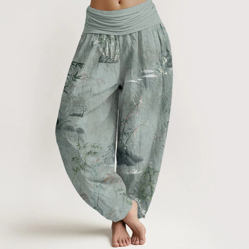 Buddha Stones Pure Cotton Casual Bamboo Rock Ink Painting Women's Elastic Waist Harem Pants