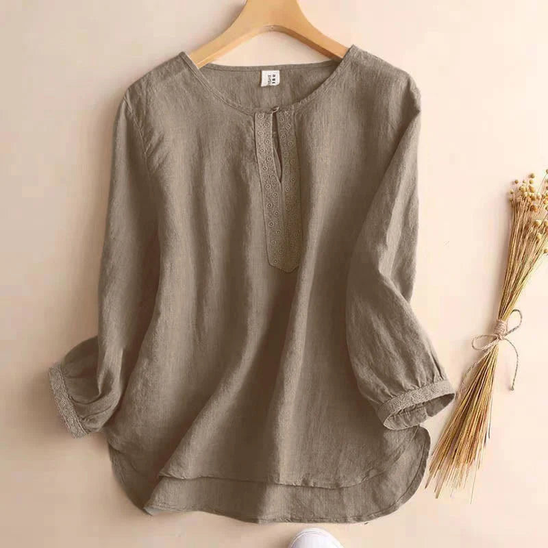 Buddha Stones Casual Plain Women's Hollow Crew Neck Design Three Quarter Sleeve Shirt