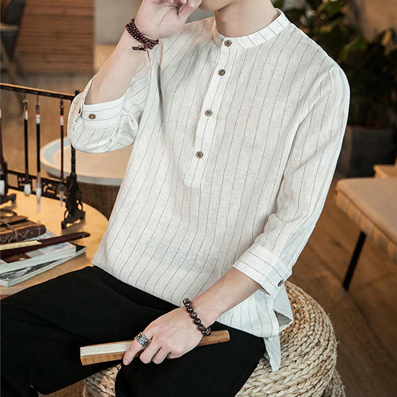 Buddha Stones Plaid Half Buttons Stand Collar Three Quarter Sleeve Cotton Men's Shirt