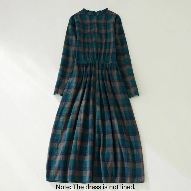 Buddha Stones Plaid Ruffled V-Neck Long Sleeve Drawstring Cotton Linen Midi Dress With Pockets