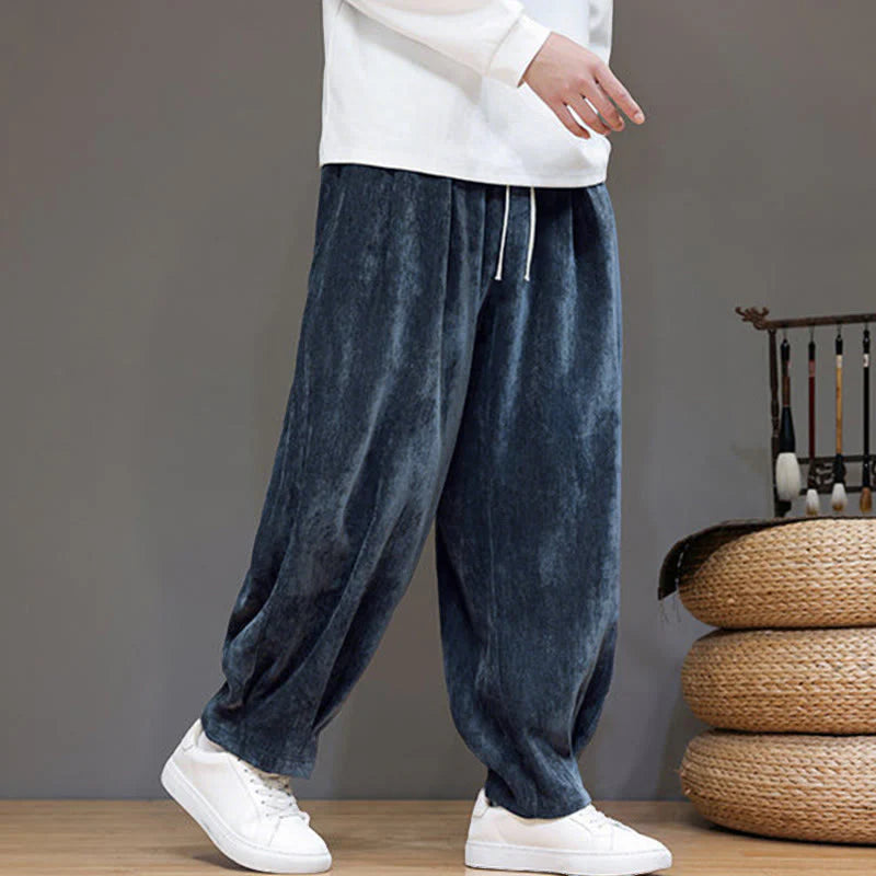 Buddha Stones Winter Pure Color Cotton Men's Harem Thickened Fleece-lined Pants With Pockets