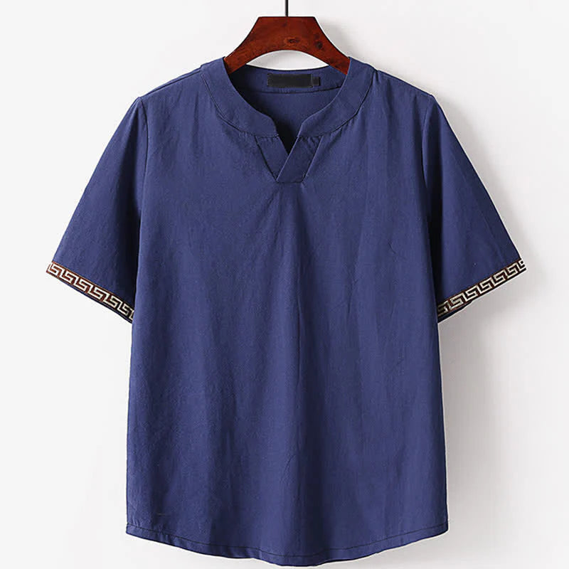 Buddha Stones Summer Embroidered Short Sleeve Notched Collar Men's Cotton Linen T-Shirt