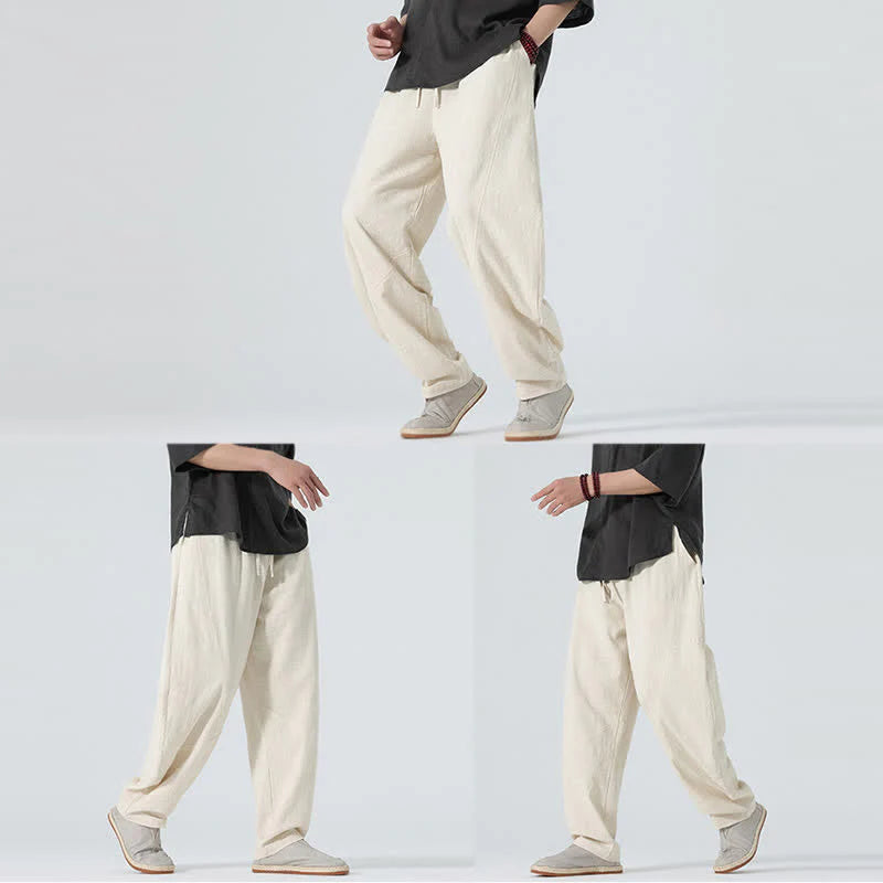 Buddha Stones Spring Pure Color Men's Cotton Drawstring Pants With Pockets