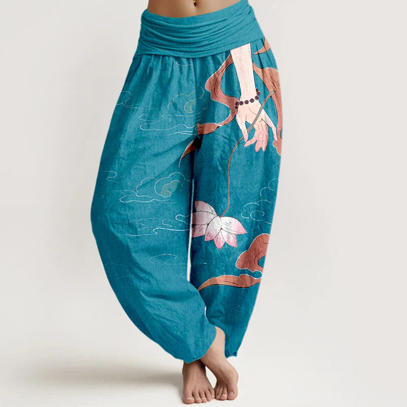 Buddha Stones Pure Cotton Lotus Flower Flowing Ribbons Hand Wearing Prayer Beads Clouds Pattern Women's Elastic Waist Harem Pants