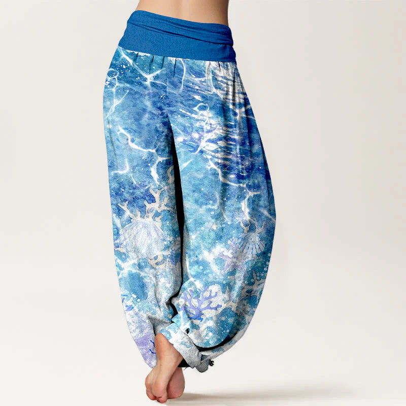 Buddha Stones Cotton Lively Ocean Seashells Coral Pattern Women's Elastic Waist Harem Pants