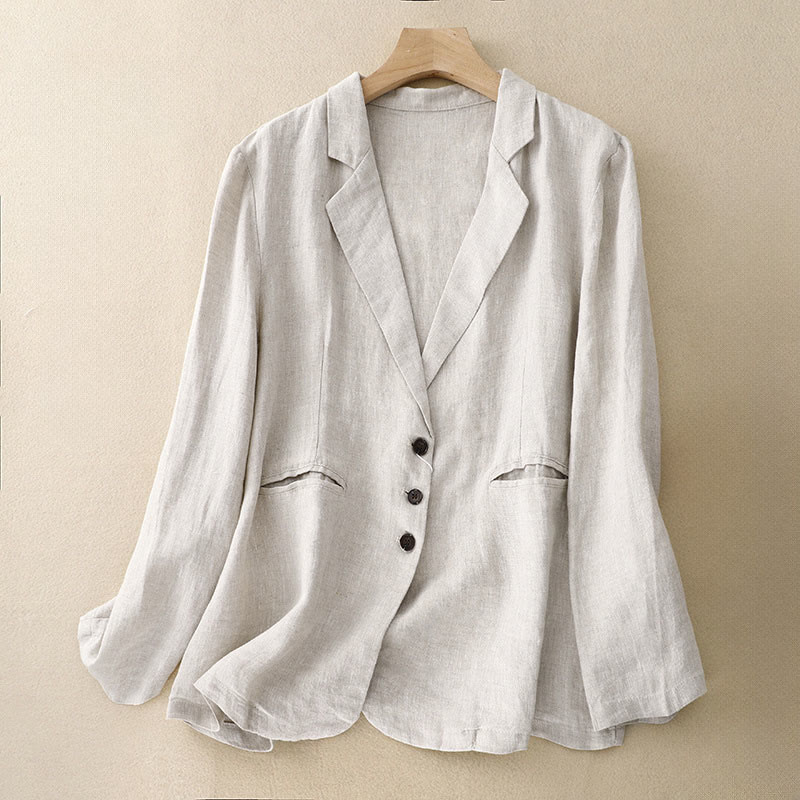 Buddha Stones Commute Retro Pure Color Lapel Cotton Linen Women's Jacket With Pockets
