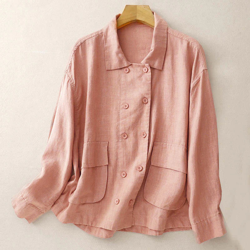 Buddha Stones Double‑Breasted Design Long Sleeve Women's Cotton Jacket With Pockets