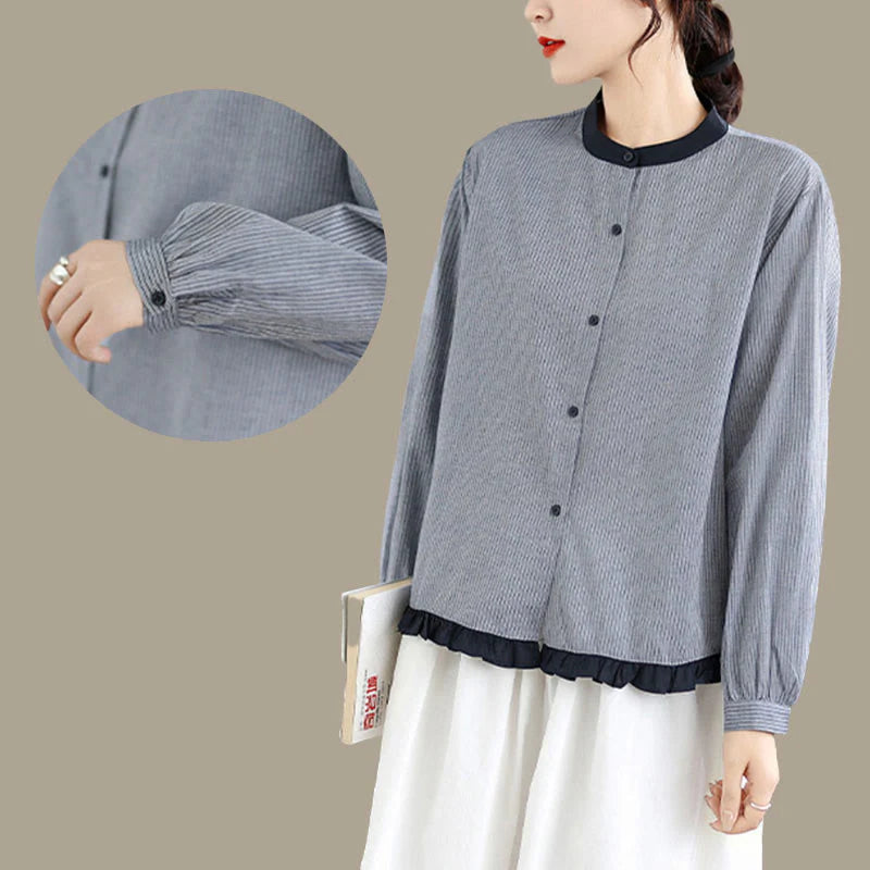 Buddha Stones Fall Plaid Striped Pattern Ruffled Hem Buttons Women's Cotton Long Sleeve Shirt
