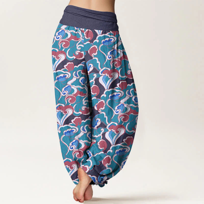 Buddha Stones Pure Cotton Small Clouds Gathered Women's Elastic Waist Harem Pants