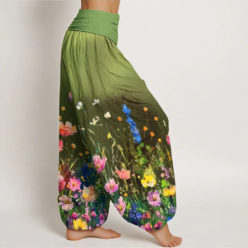 Buddha Stones Cotton Casual Watercolor Style Floral Pattern Women's Elastic Waist Harem Pants
