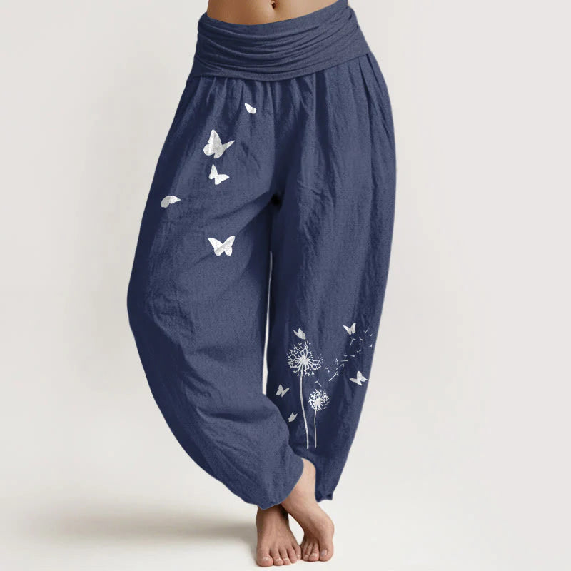 Buddha Stones Pure Cotton Elegant Butterfly Dandelion Pattern Women's Elastic Waist Harem Pants