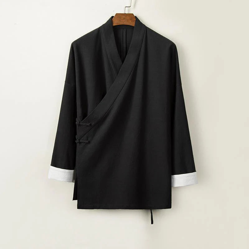 Buddha Stones Chinese Frog-Buttons Long Sleeve Design Open Front Jacket Men's Cotton Linen Kimono