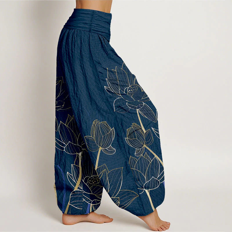 Buddha Stones Pure Cotton Minimalist Style Lotus Flower Pod Pattern Women's Elastic Waist Harem Pants