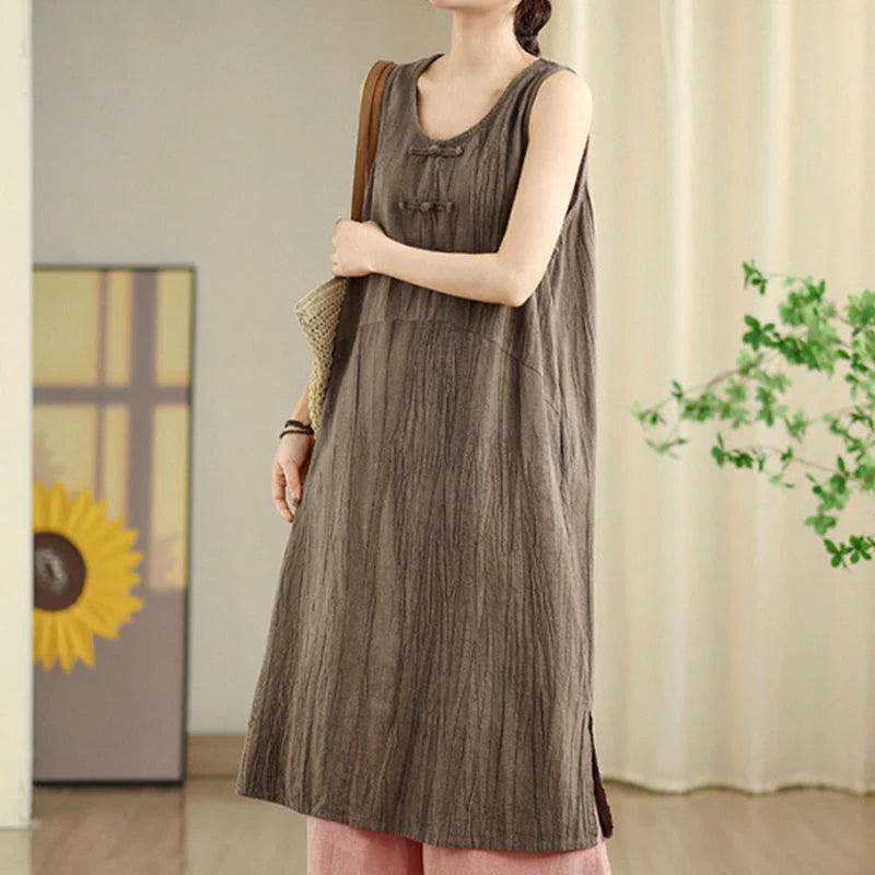 Buddha Stones Tie Dye Chinese Frog-Button RamieÂ Linen Sleeveless Midi Dress With Pockets
