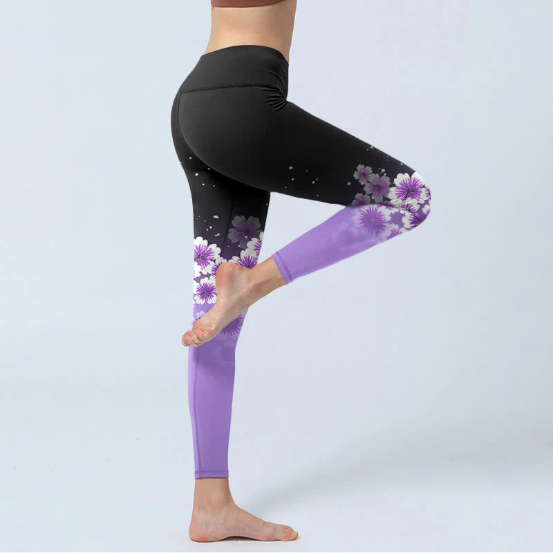 Buddha Stones White Purple Cherry Blossom Pattern Print Gym Leggings Women's Yoga Pants