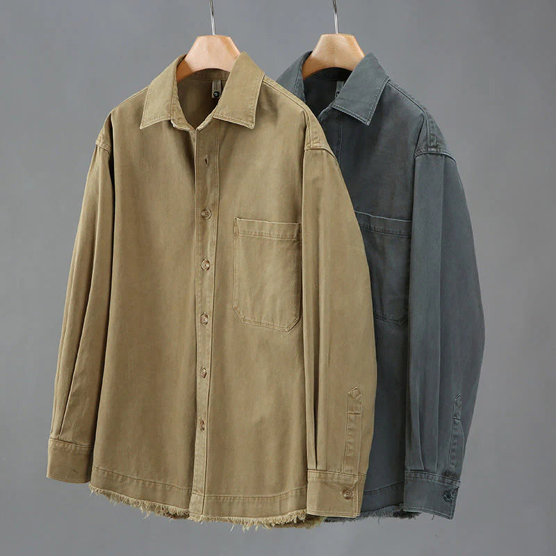 Buddha Stones Men's Pure Color Tassels Hem Design Cotton Long Sleeve Shirt With Pocket