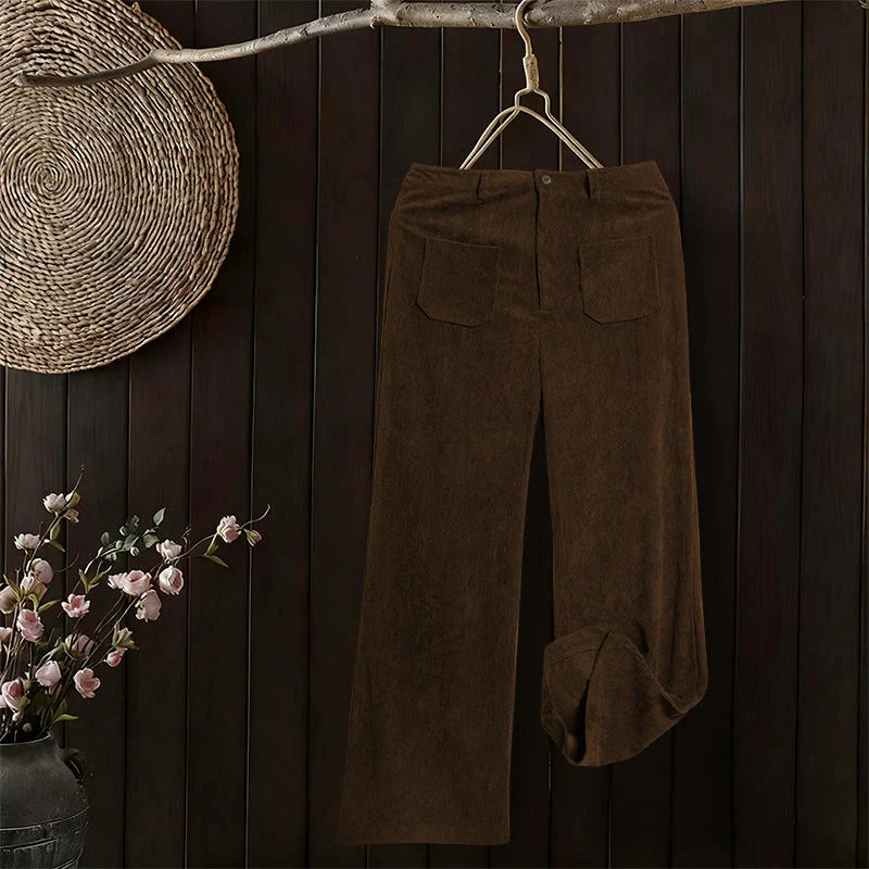 Buddha Stones Plain Corduroy Polyester Women's Buttons Wide Leg Pants With Pockets