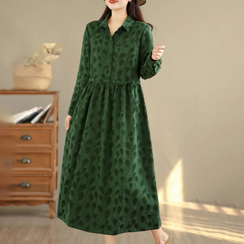 Buddha Stones Leaf Pattern Stand Collar Long Sleeve Cotton Midi Dress With Pockets