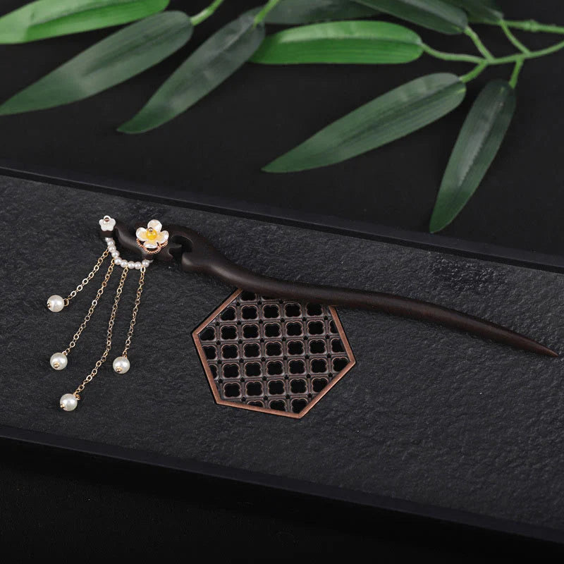 Buddha Stones Ebony Shell Flower Pearl Tassel Blessing Hairpin