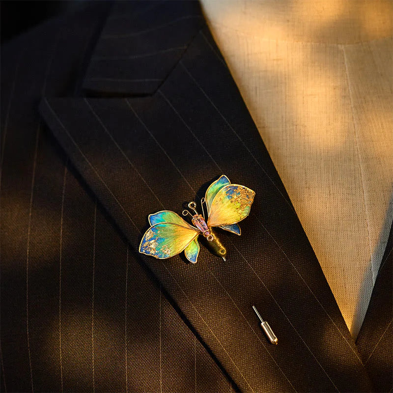 Buddha Stones Handcrafted Silk Art Velvet Flower Blue Green Gradient Butterfly Brooch